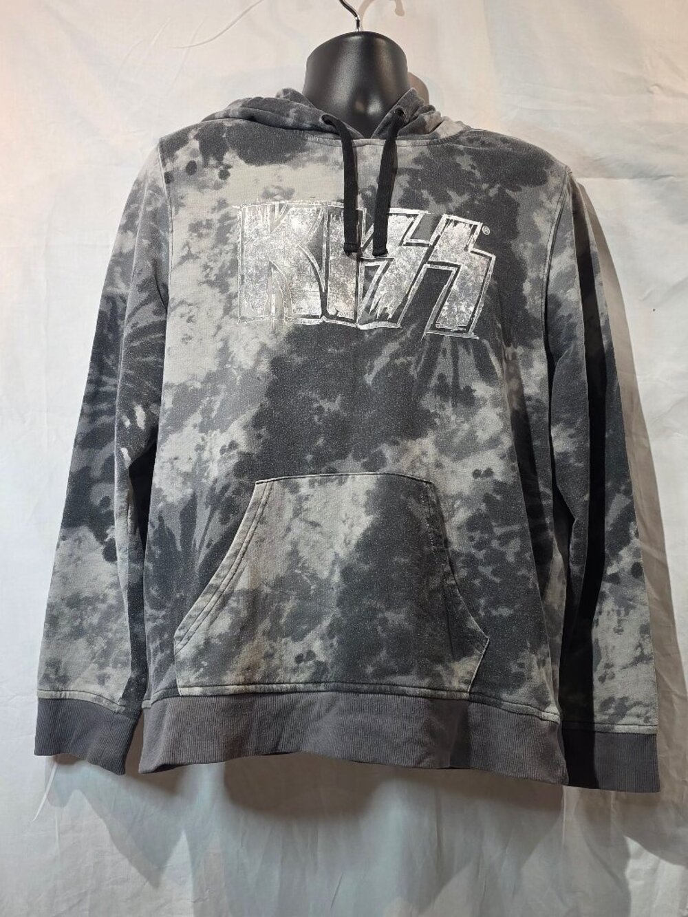 KISS Band 2020 Licensed Gray Tie Dye Glitter Logo Pullover Hoodie - Size L